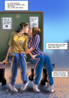 drawing manga comic color long_hair clothed shoes brunette shrunken_men sitting foot_crush kissing school lesbians running sneakers student narration doujinsak
