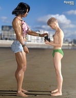 gentle black_hair swimsuit clothed beach barefoot muscles amazon shorts camera spawngts digital_render
