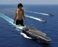 breasts nipples giantess collage black_hair ocean wet jeans asian navel aircraft_carrier wading navel_ships