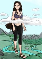 drawing giantess mega color long_hair destruction clothed cleavage bra brunette sandals walking mountains pants river trees foot_prints