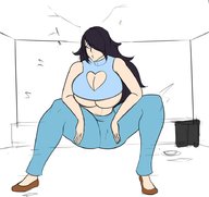 drawing growth black_hair color long_hair destruction cleavage huge_breasts shoes mini_giantess sitting surprised legs sketch pants aliessa bare_midriff