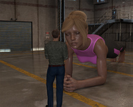 gentle giantess blonde building barefoot standing pants runswithferrets freckles planking sports_bra digital_render onlooker exercising