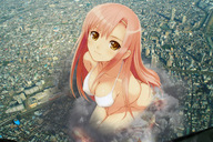 drawing giantess collage color swimsuit destruction cleavage pink_hair cat_(artist) orange_eyes