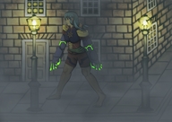 mecha blue_eyes barefoot street green_hair mini_giantess london fog cyborg glowing street_corner streetlight