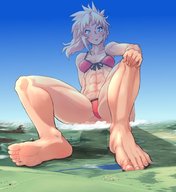 bikini breasts drawing giantess landscape giga blonde color toes barefoot soles navel mountains lake river cities fate/apocrypha mordred bare_midriff fate/grand_order fate_(series)