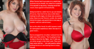 breasts nipples gentle collage panties large_breasts long_hair cleavage bra smiling red_hair navel shrunken_man looking_at_viewer tessa_fowler atinyguy narration