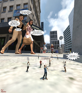 blonde black_hair long_hair clothed dress shrunken_men sandals looking_down women pants coat protest digital_render red-neptune