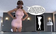 long_hair glasses brunette domination shrunken_man looking_down ponytails standing dialogue hands_on_hips mini_skirt digital_render aaabbbzzz
