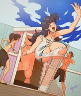 bikini drawing growth black_hair color long_hair barefoot cleavage bra huge_breasts brunette mini_giantess sandals onlookers outgrowing_space ripped_clothing sarong aliessa swim_trunks stumbling zerohour99
