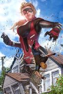 breasts drawing growth giantess mega blonde color destruction clothed handheld outgrowing_building ponytail mask houses costume cassie_lang stature cassandra_lang marvel_comics stinger eye_mask