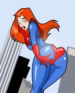 breasts drawing giantess mega color butt buildings embarrassed gloves red_hair skyscraper towering costume looking_back giant_girl inspector97 mary_jane marvel_comics earth_20052 ci0
