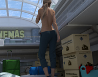 giantess blonde long_hair topless ponytail standing pants mall runswithferrets looking_away digital_render boxes luggage