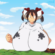 drawing giantess black_hair color destruction cleavage huge_breasts breast_crush domination barn animation ponytails cow_girl hataraki-ari