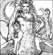 drawing giantess sexy monochrome swimsuit anime dinosaur fighting