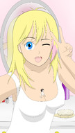 drawing blonde color blue_eyes cleavage dress shrunken_man trapped indoors winking selfie between_breasts milesmouse