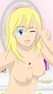 drawing nipples nude blonde color blue_eyes cleavage shrunken_man trapped indoors winking selfie between_breasts milesmouse