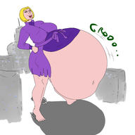 drawing giantess blonde color barefoot buildings navel dc_comics big_belly amy_zahn superfriends
