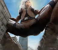 giantess white_hair city destruction boots squatting fangs point_of_view digital_render innocent-owl