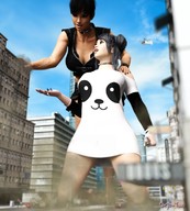 giantess black_hair handheld kneeling giantesses grey_hair digital_render on_palm innocent-owl
