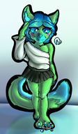 drawing gentle feet furry blushing tail color giant blue_eyes skirt playful blue_hair shrunken_man under_foot green_fur miniskirt mspaintgts femboy fox_boy