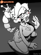 drawing giantess vore blushing monochrome large_breasts tongue barefoot cleavage glasses kneeling soft_vore braid imminent_vore apeiron-macro terra_(oc)