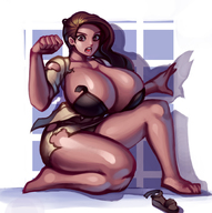 breasts drawing growth giantess color barefoot cleavage huge_breasts brunette kneeling ripped_clothing outgrowing_clothes gareit0