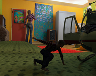 blonde long_hair butt clothed cleavage high_heels helicopter unaware shrunken_man pants hiding runswithferrets braid apartment digital_render plaid_shirt bare_midriff 60s