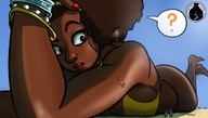 bikini drawing giantess color beach climbing brown_eyes lying_down jewelry looking_at_tiny afro entrecoxas