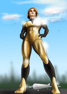 drawing giantess mega color giganta red_hair short_hair airplane clouds dc_comics skintight_clothing smallbadger