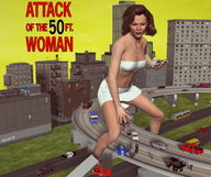 breasts giantess mega destruction handheld rampage skirt buildings angry brunette looking_down highway vehicles straddling road top legs_spread hotrod5 attack_of_the_50_foot_woman digital_render nancy_archer bare_legs bare_midriff