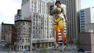 giantess glasses huge_breasts brunette standing digital_render overwatch endlessrain0110 lena_oxton tracer_(overwatch)