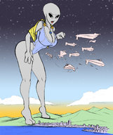 drawing giantess giga city alien clothed huge_breasts looking_down outdoors pointing colonel-gabbo bald