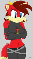 drawing gentle giantess furry anthro color blue_eyes cleavage fox looking_down hugging looking_at_tiny bare_midriff barasma fiona_fox