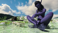 nude clothed fantasy bath glasses purple_hair elf sitting lake outdoors night_elf purple_skin legs_crossed digital_render madamemaeve