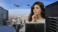giantess collage city long_hair helicopter brunette outdoors hand_on_chin