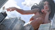 breasts giantess nude city mega black_hair large_breasts long_hair destruction rampage poke digital_render goddesstina