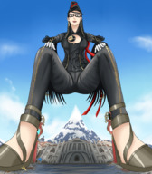 drawing giantess black_hair color high_heels glasses foot_crush town looking_down mountains legs_spread bayonetta giantwaifus