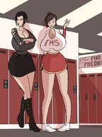 breasts drawing black_hair color cleavage skirt huge_breasts brunette ponytail cheerleader short_hair mini_giantess boots looking_down giantesses goth indoors avatar lockers azula ty_lee avatar_the_last_airbender highschool caiman2