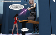blonde long_hair brunette domination story shorts pants purse top bench dialogue locker_room shrink_gun digital_render thought_bubble narration aaabbbzzz