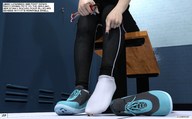 black_hair long_hair handheld domination multiple_sizes couple story socks sitting foot_crush shrunken_woman shrunken_man locker_room digital_render narration aaabbbzzz