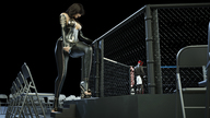giantess black_hair clothed cleavage high_heels unaware digital_render mma fater leather_clothing folding_chairs octogon
