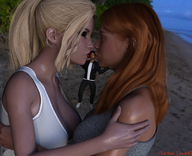 blonde long_hair clothed beach cleavage red_hair ponytail kissing lesbians shrunken_man women top digital_render giantess_lover45