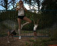gentle blonde black_hair long_hair clothed glasses shoes socks shorts shrunken_woman stretching hoodie digital_render giantess_lover45