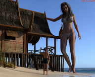 bikini gentle giantess long_hair beach barefoot cleavage ocean brunette navel standing digital_render swim_trunks giantess_lover45 beach_house
