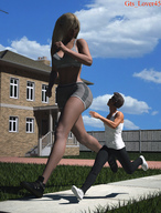 gentle blonde long_hair cleavage shoes mini_giantess shorts jogging sidewalk sports_bra digital_render giantess_lover45