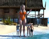 bikini gentle giantess blonde long_hair swimsuit clothed beach barefoot cleavage ocean brunette navel amazon standing digital_render giantess_lover45 beach_house