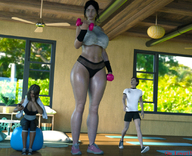 gentle black_hair long_hair clothed cleavage shoes brunette mini_giantess sitting shorts weights standing cellphone sports_bra digital_render exercising giantess_lover45