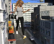 giantess city blonde long_hair clothed buildings shoes street walking looking_down pants top police_car digital_render giantess_lover45