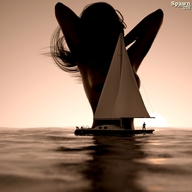 breasts gentle giantess long_hair ocean silhouette sunset stretching spawngts sailboat wading digital_render onlooker