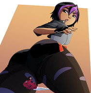 breasts drawing giantess black_hair color butt brown_eyes gloves asian looking_down flying jacket disney looking_at_tiny gogo_tomago big_hero_6 ravenravenraven hiro_hamada baymax hair_streak